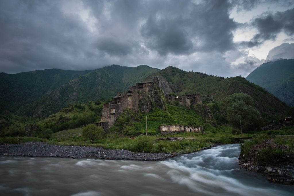 The ancient medieval village of Shatili, Khevsureti on a moody evening