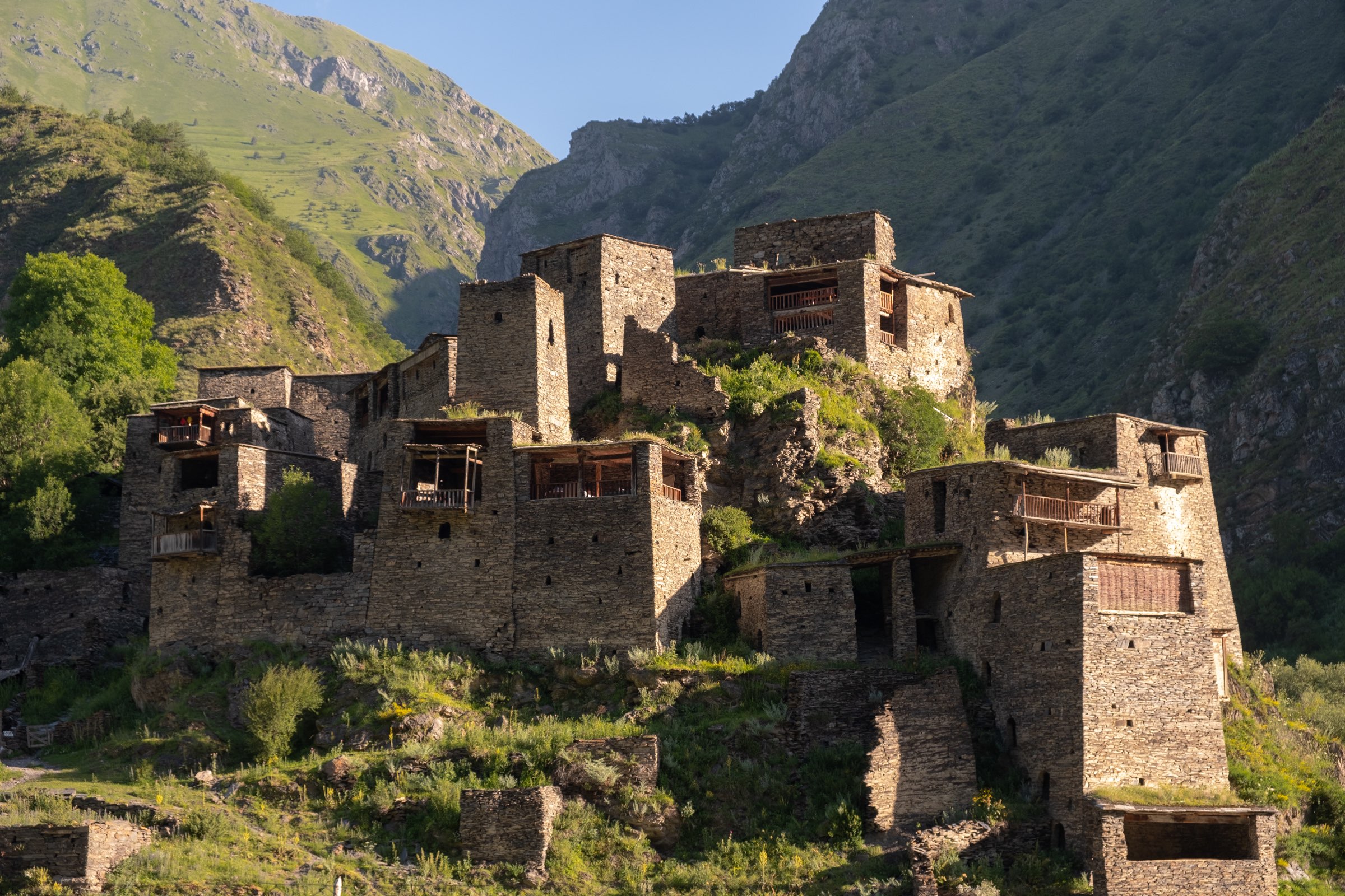 The ancient medieval village of Shatili, Khevsureti standing tall in the early morning light