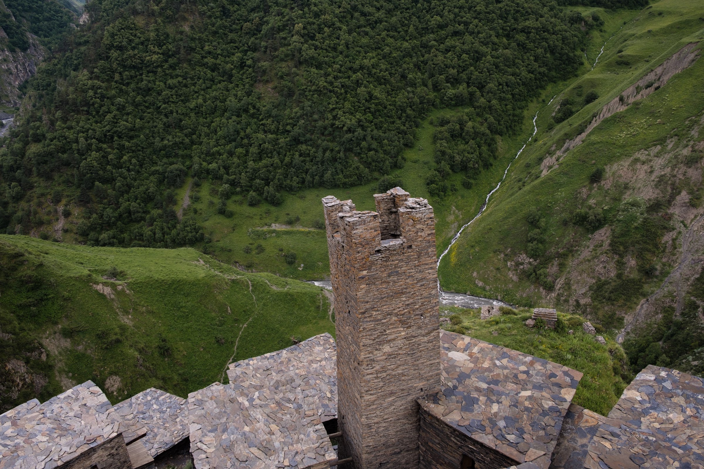 The view from Mutso fortress with lush green landscape and medieval tower