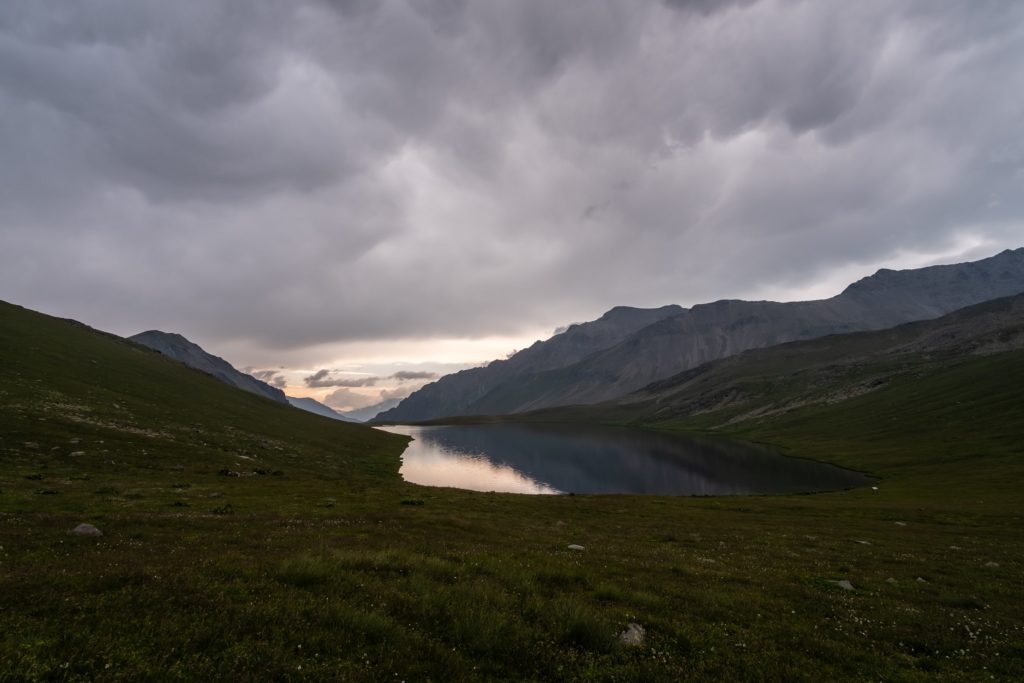 Dark moody scene after sunset at Black rock lake in Lagodekhi Protected Areas, Georgia