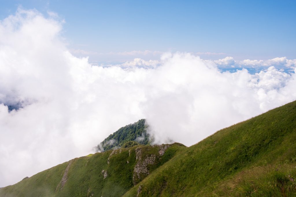 Kakheti plains from the top of Lagodekhi protected areas during a stormy and cloudy hike down, Georgia