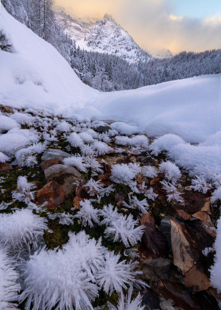 Bizarre winter ice patterns in a tiny stream, with looming snowy peak of the Karawanken mountains, Zell, Carinthia