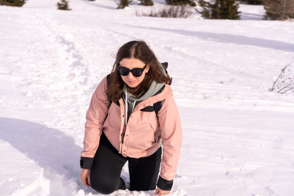 Caroline sinking in deep snow on Saualpe, Lavanttal, Carinthia