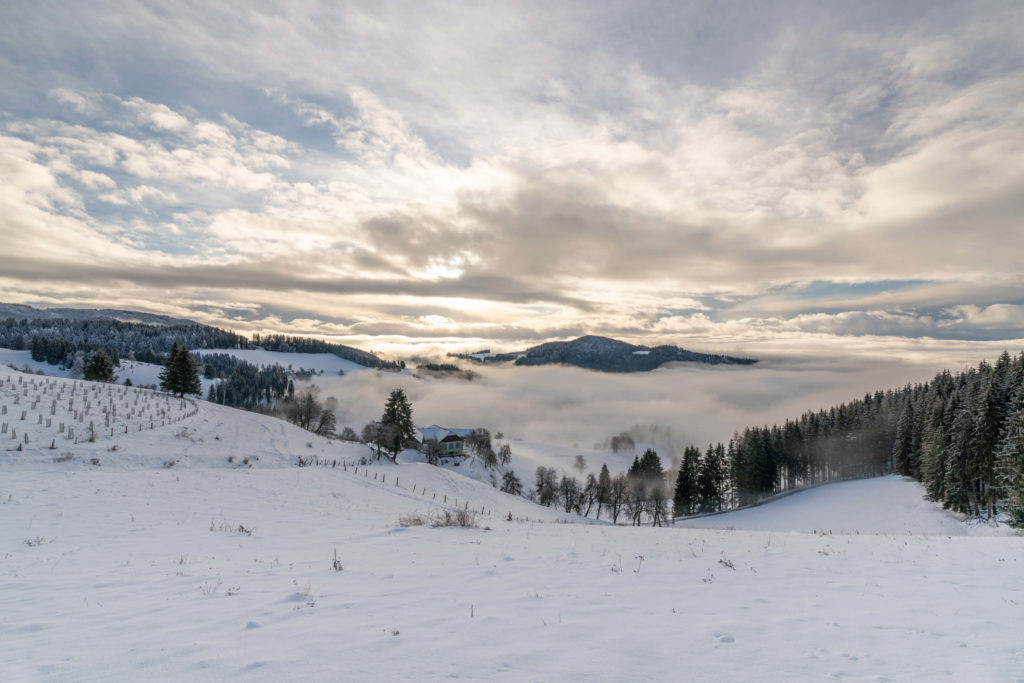 Diex in the middle of winter with thick fog in the valley below, Carinthia
