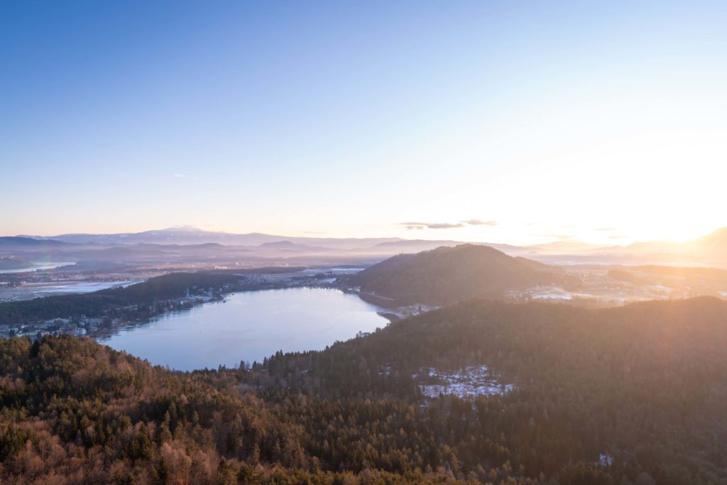 Klopeinersee lake at sunrise during winter, Carinthia