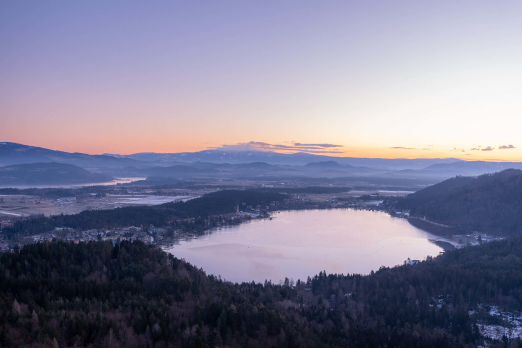 Klopeinersee lake just before sunrise during winter, Carinthia