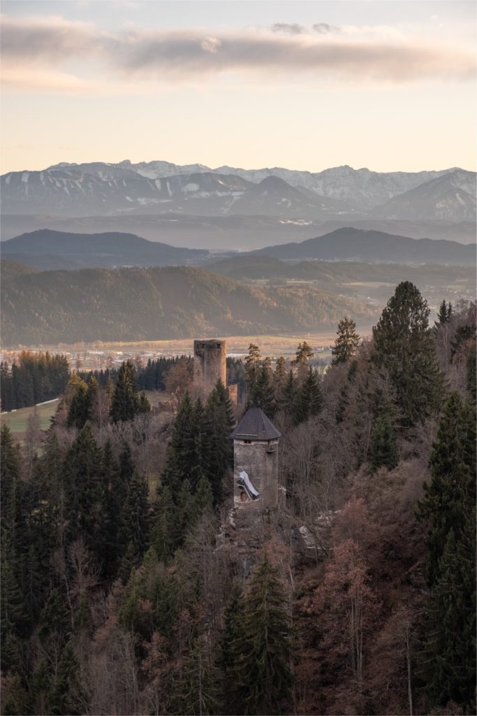 Kraigerschlöss autumn sunset with Karawanken mountains in the background