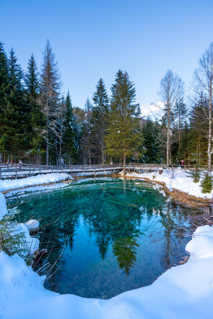 Lake Meerauge perfectly reflecting in winter surrounded by snow, Bodental, Carinthia