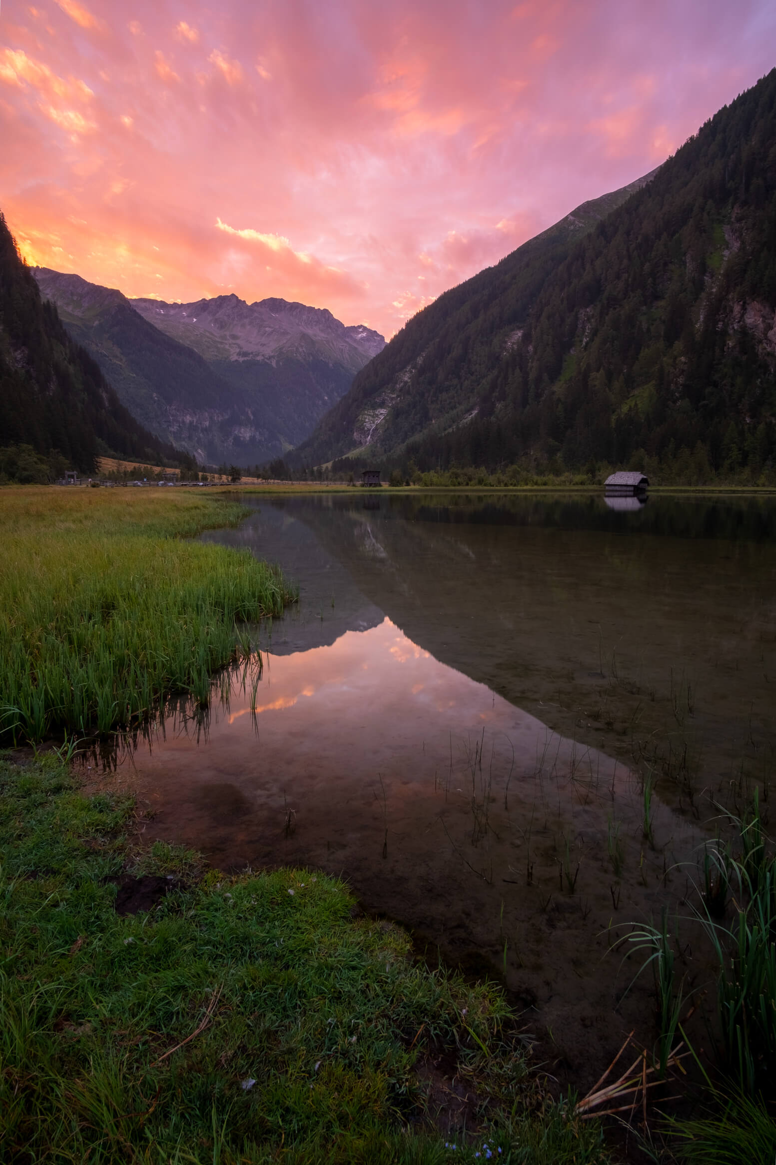 Lake Stappitzersee in Seebachtal at sunrise in the summer, Seebachtal, Mallnitz, Carinthia