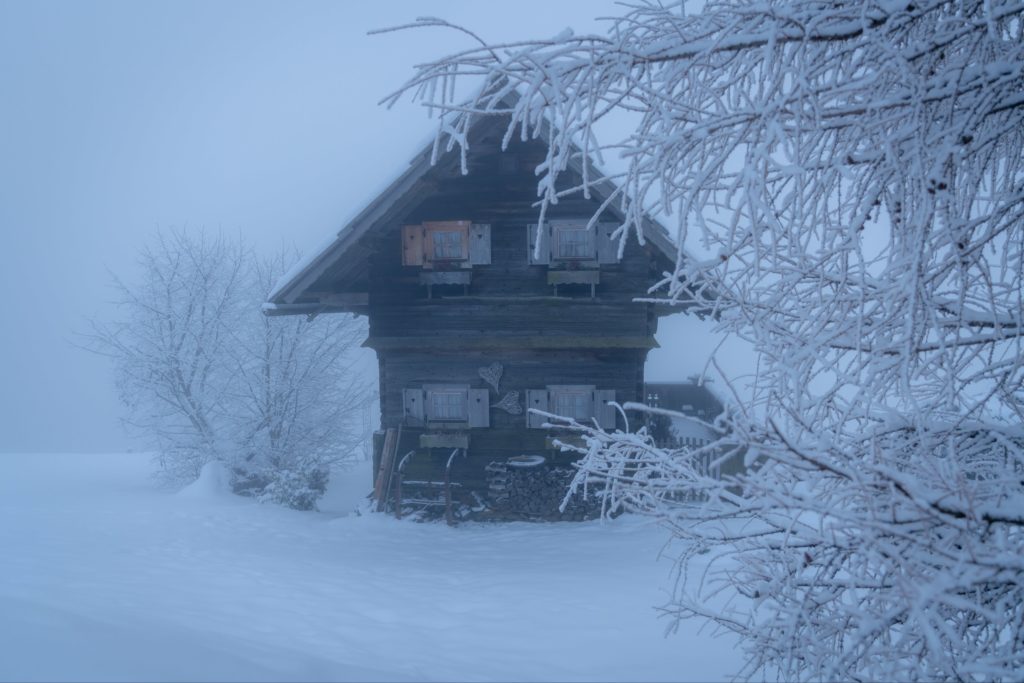 Magdalensberg Troadkasten in thick fog and snow