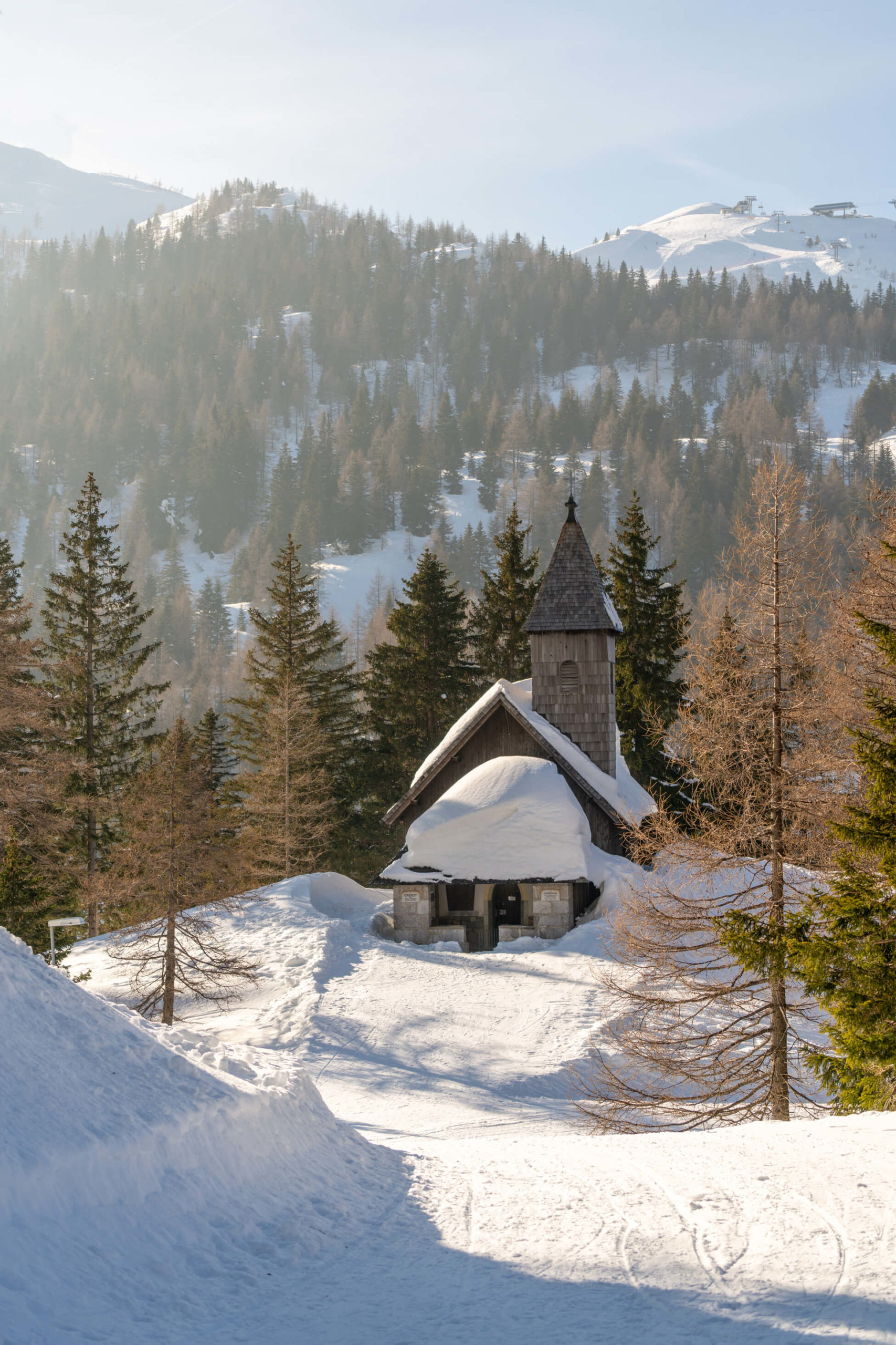 Small church covered in snow at Nassfeld ski resort, Carinthia