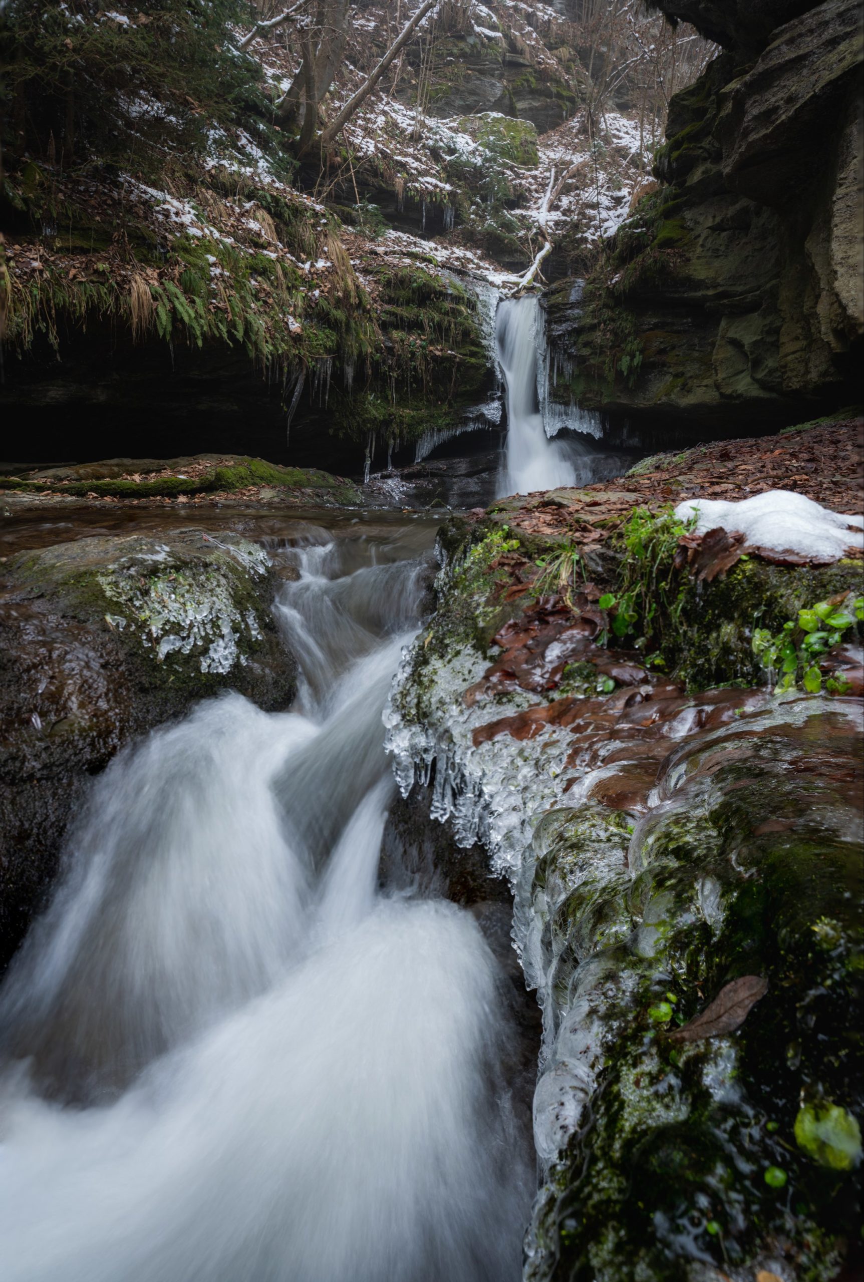 Small waterfalls along the Sörger waterfall trail in the depths of winter, Carinthia, Austria