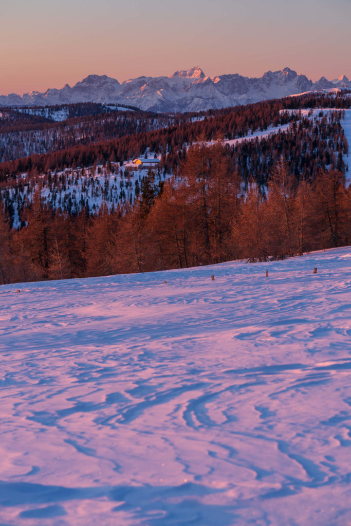 Sunrise in the snowy landscape of Hochrindl, Carinthia