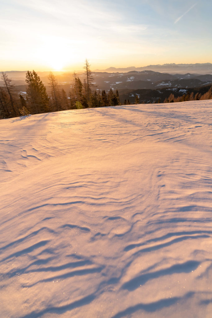 Sunrise with glistening snow at Hochrindl, Carinthia