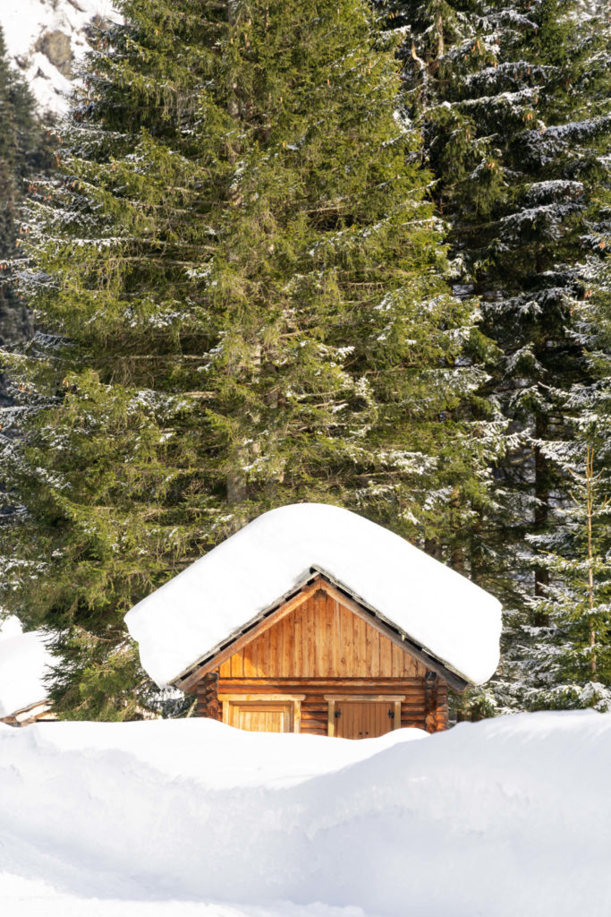 Wooden hut with loads of snow on top, Seebachtal, Mallnitz, Carinthia