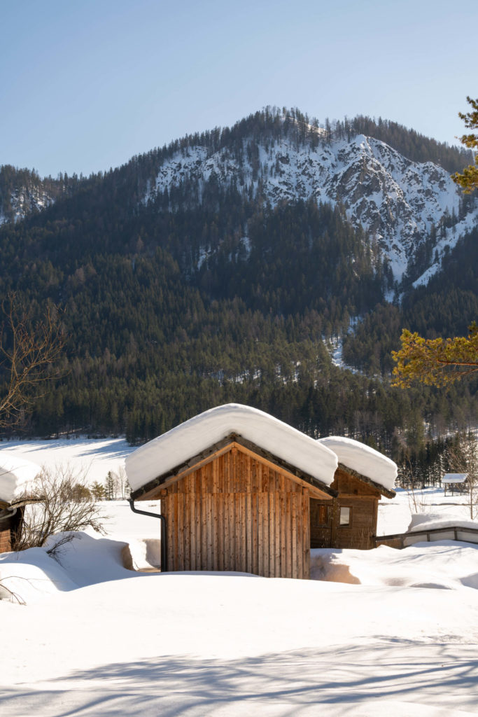 Wooden hut with lots of snow on top, Weissensee, Carinthia