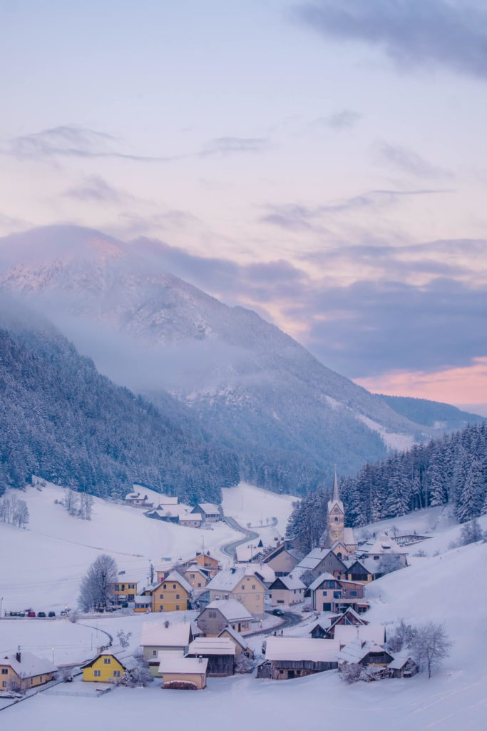 Zell-pfarre in the Karawanken mountains at sunset on a perfect winter day, Carinthia