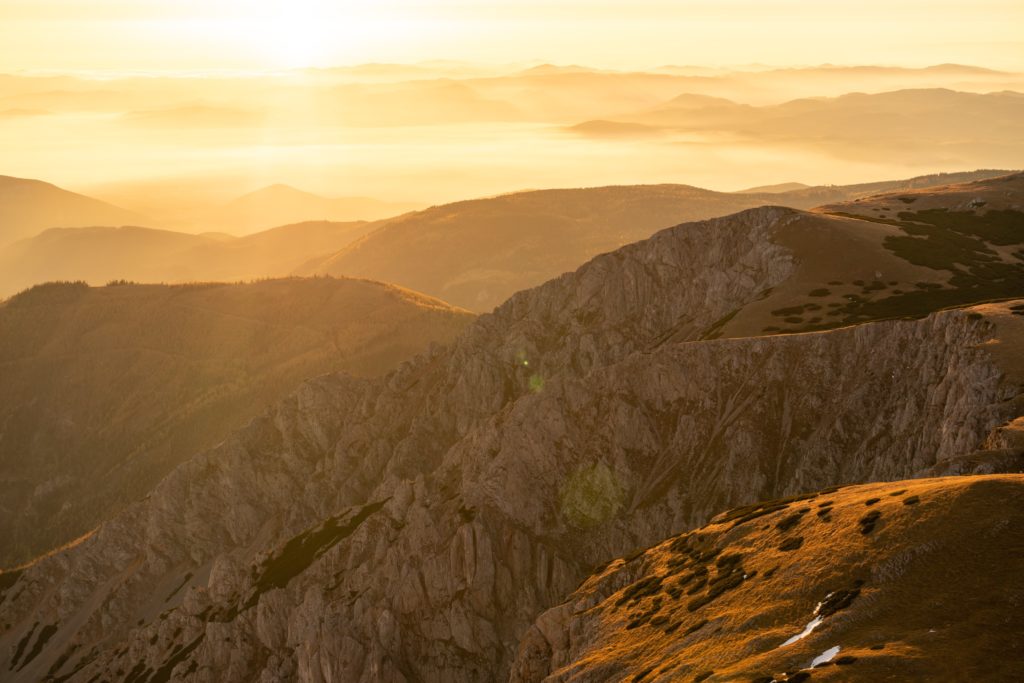 Sunrise views from Fischerhütte mountain hut, with layers of dramatic cliff edges, Lower Austria