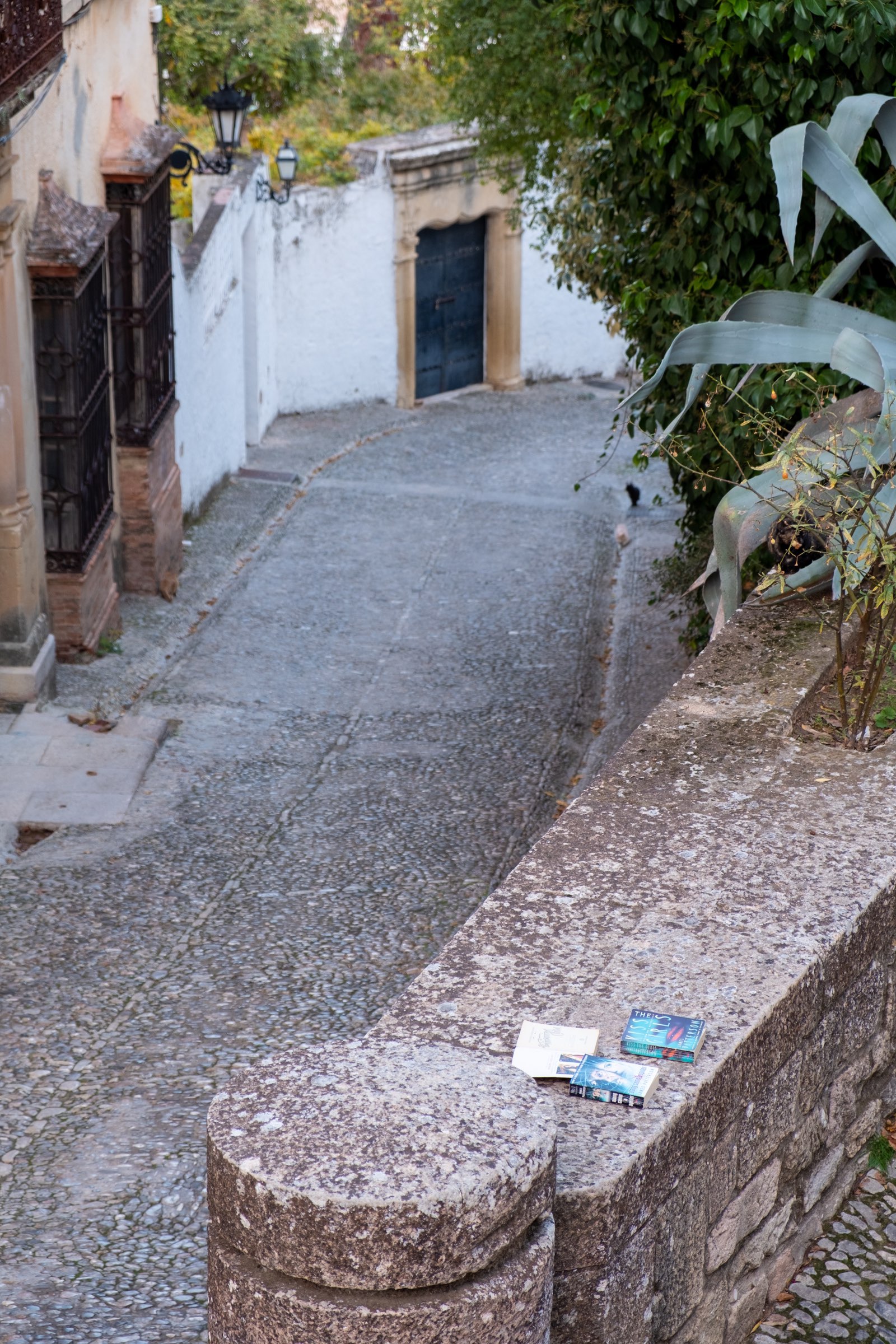Books left on a wall on a windy cobbled street in Ronda