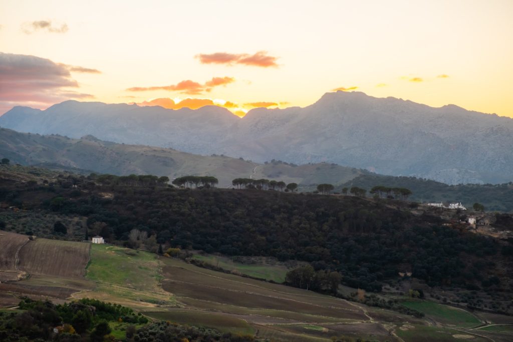 Sunset over Sierra Nevada mountains from Ronda, Spain