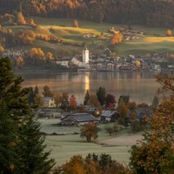 Pilgrimage Church of St. Wolfgang at sunrise in autumn