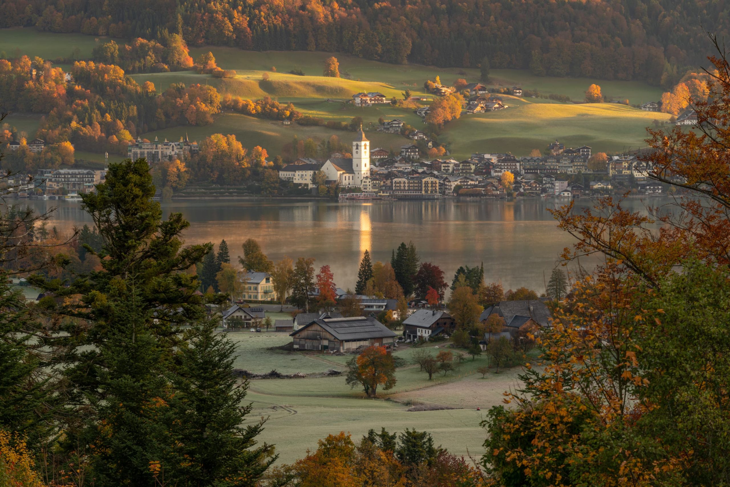 Pilgrimage Church of St. Wolfgang at sunrise in autumn