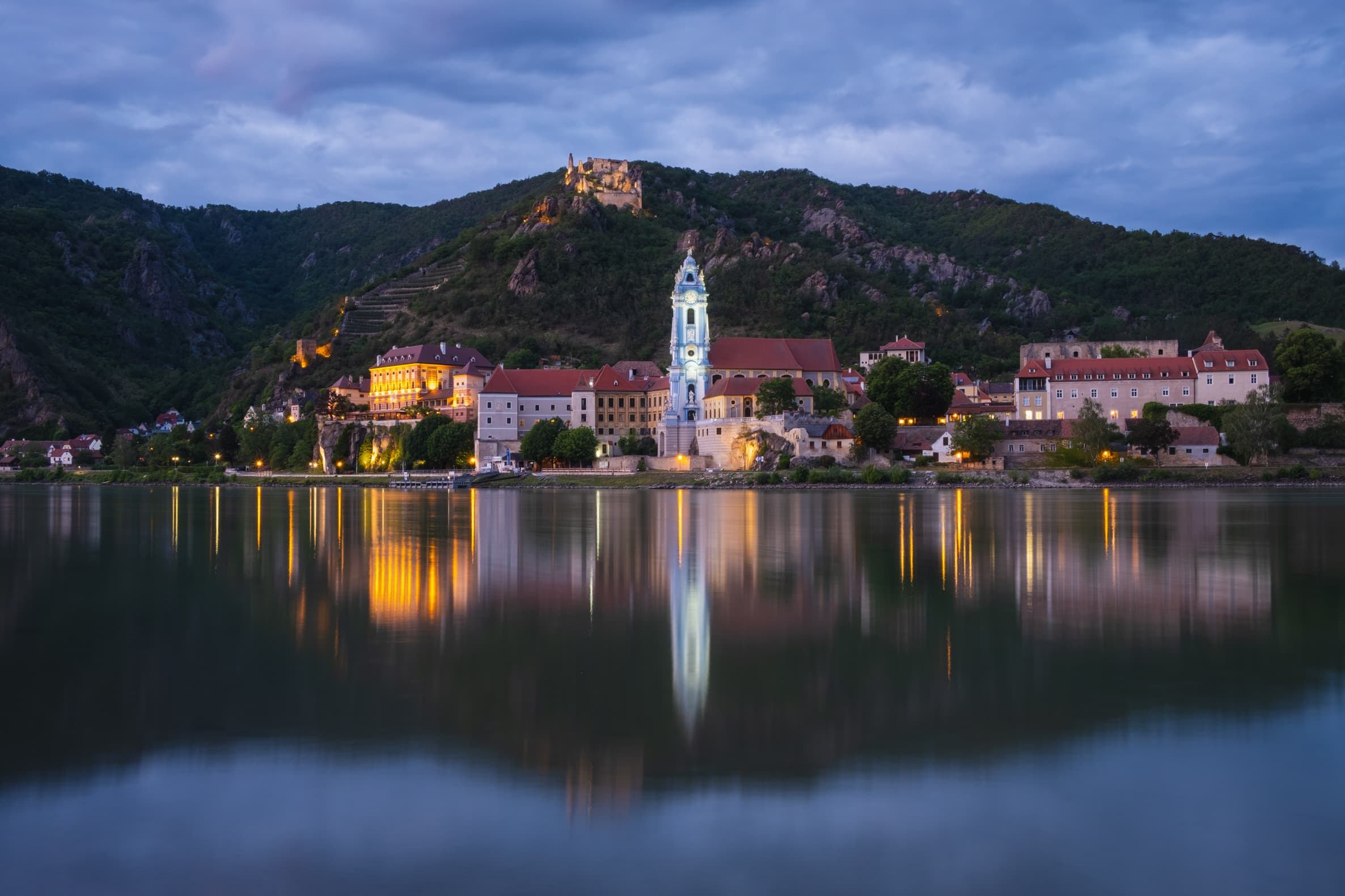 Stift Dürnstein across the Danube at sunset