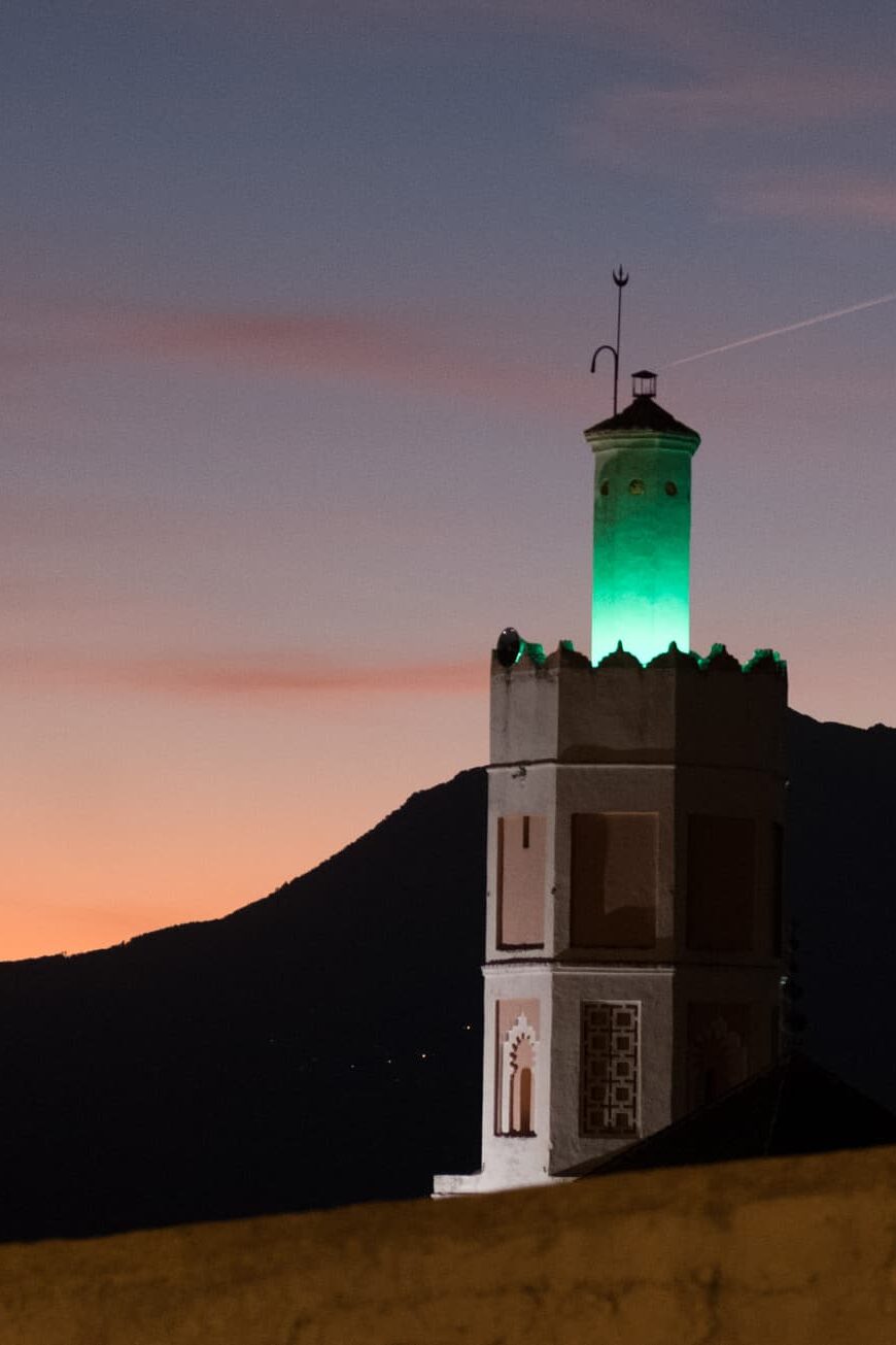 A minaret at sunset in Chefchaouen, Morocco