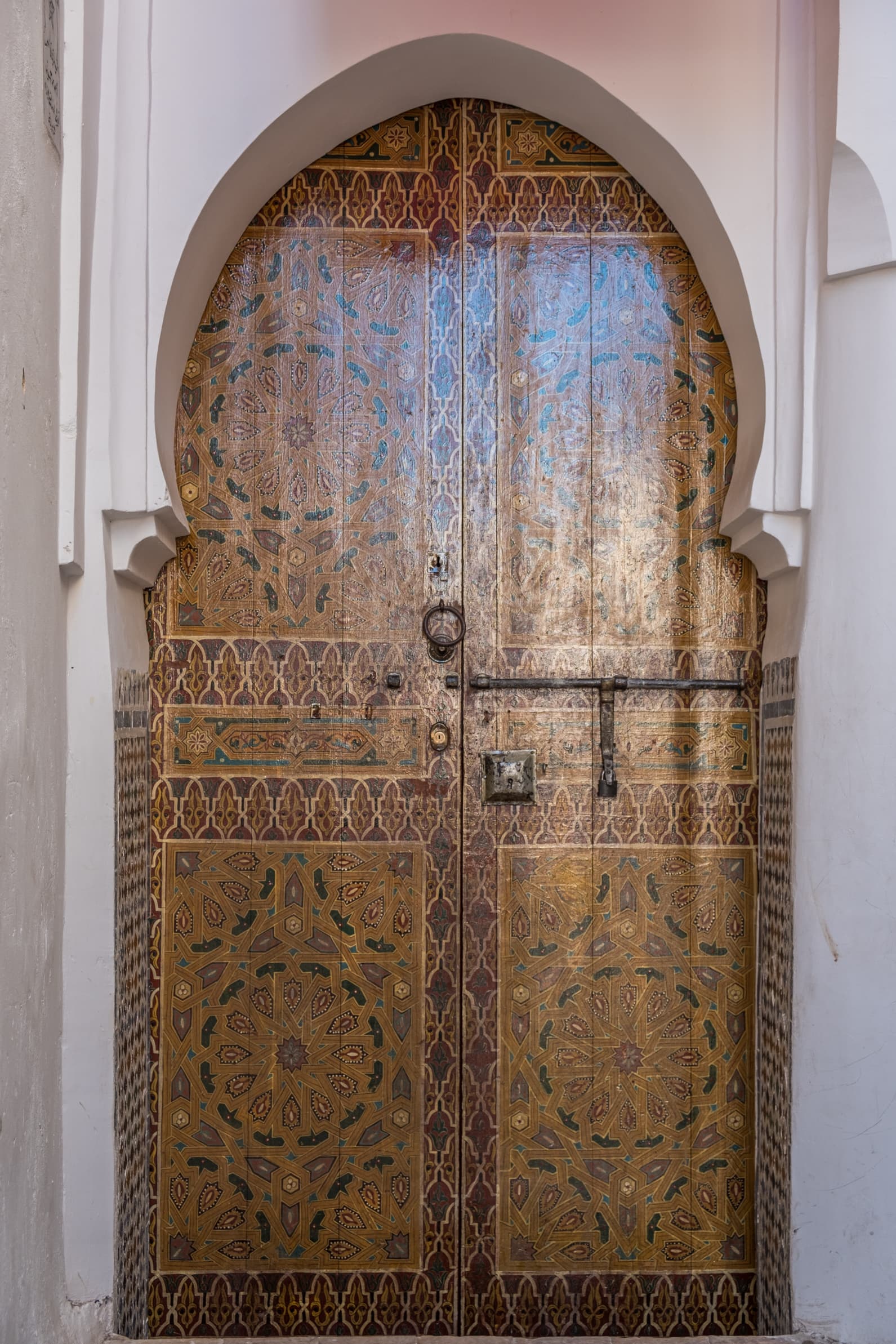 An ornate wooden door in Fez, Morocco