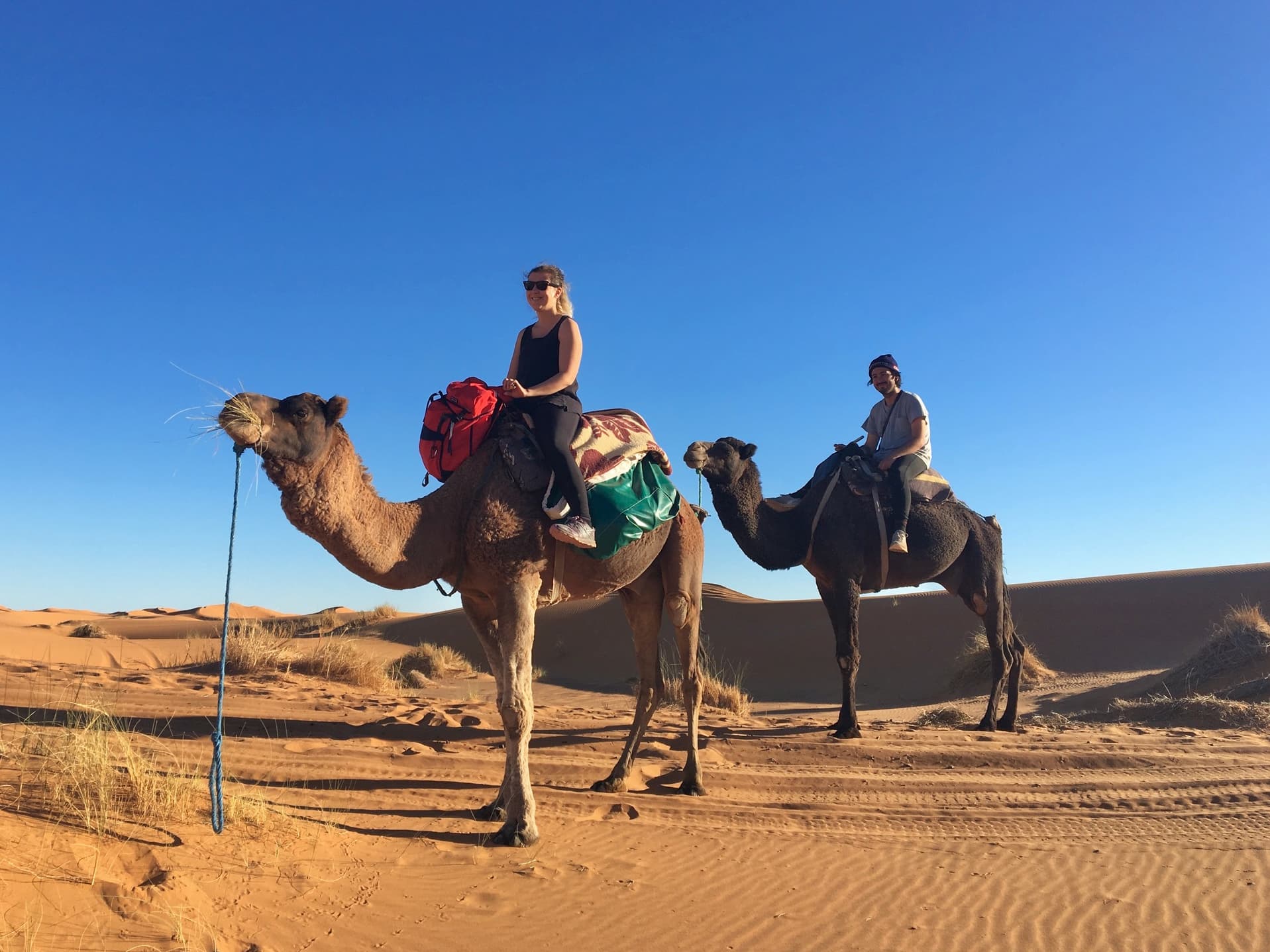 Aydin & Caroline sitting on their camels in the desert