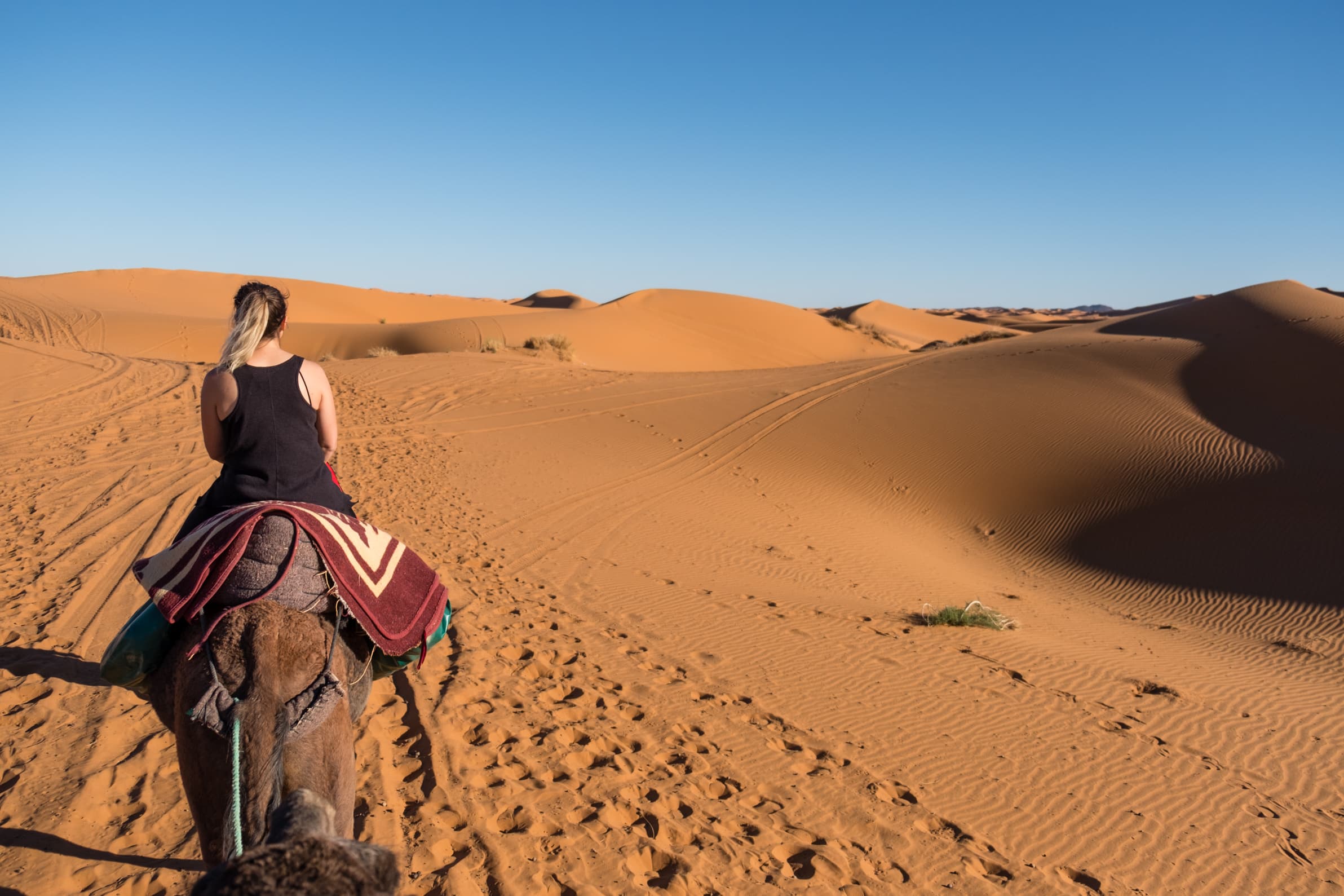 Caroline riding a camel from Merzouga