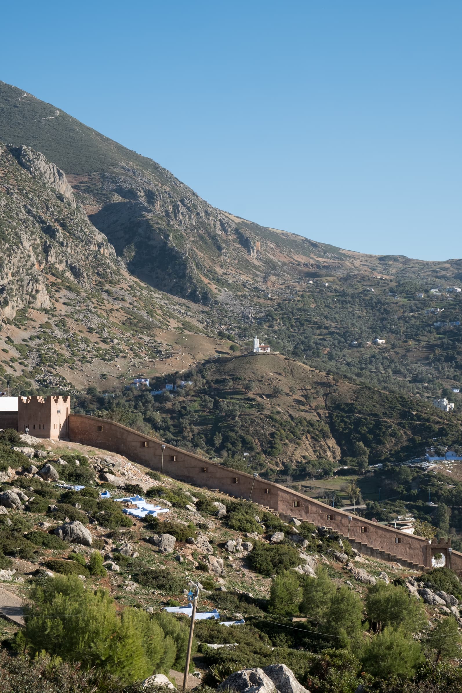 Chefchaouen city walls and the Spanish Mosque, Morocco