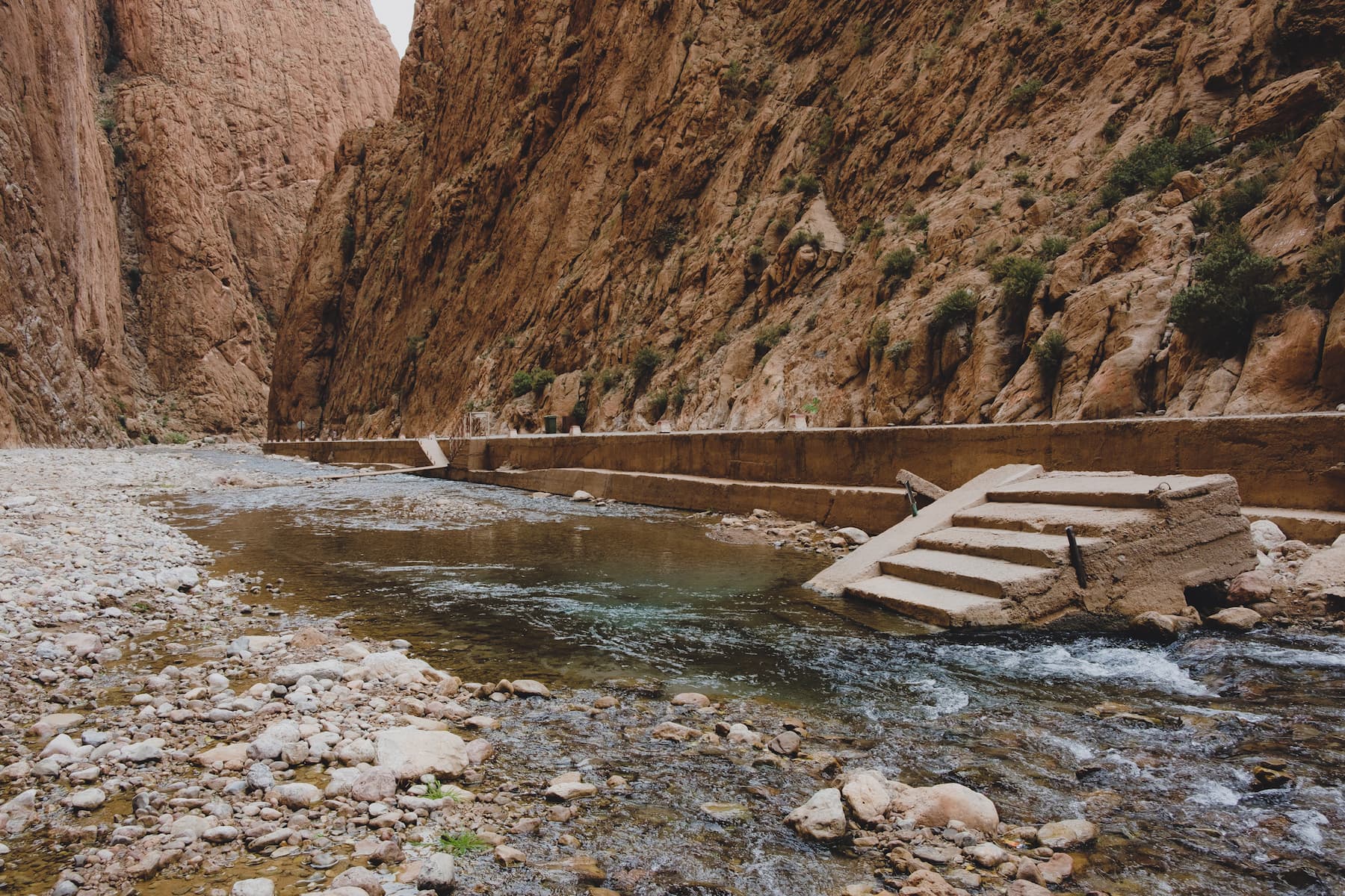Todra gorge and river with collapsed staircase
