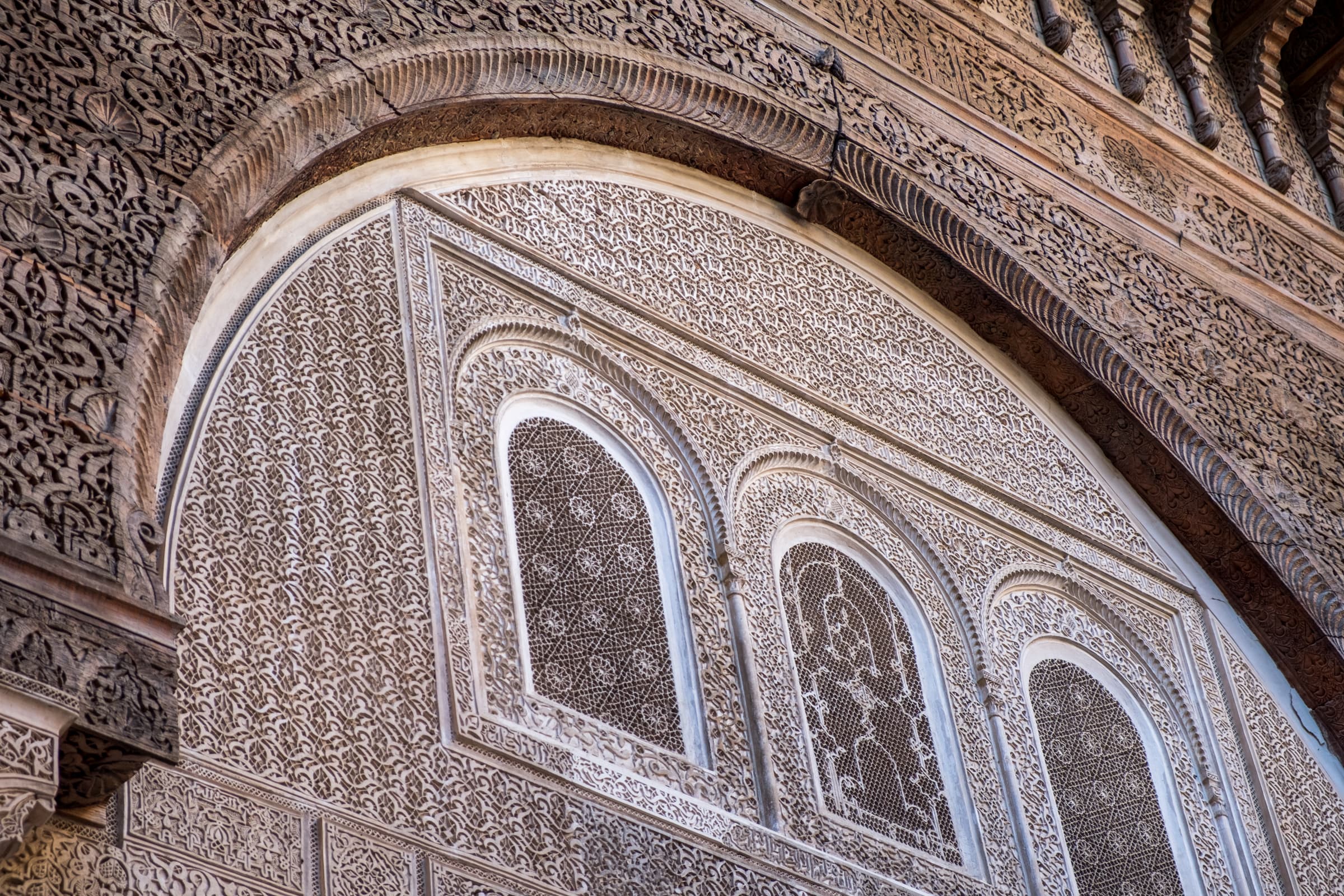 An intricately decorated wall in University of al-Qarawiyyin, Fez
