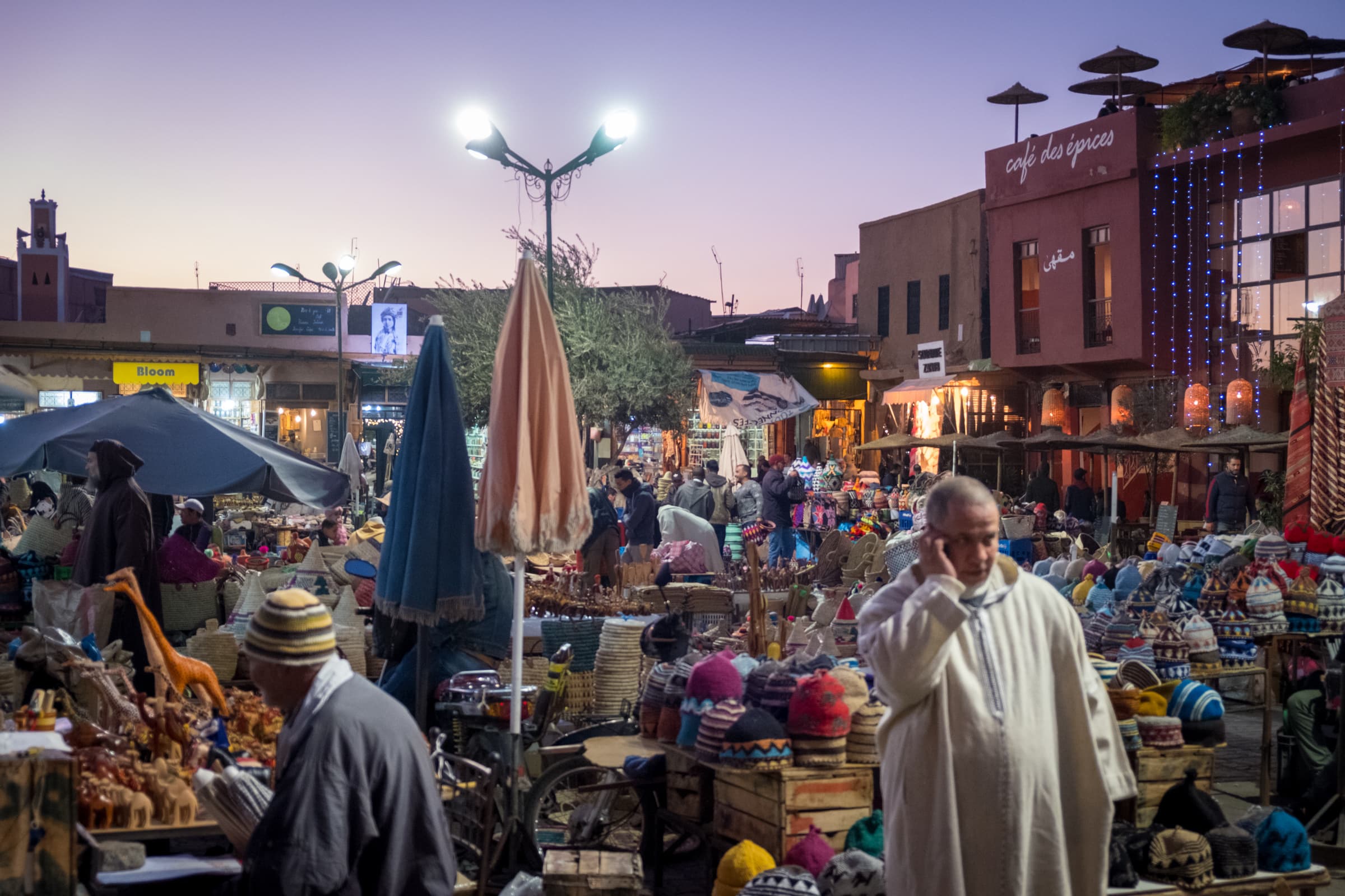 A market just after sunset in Marrakesh