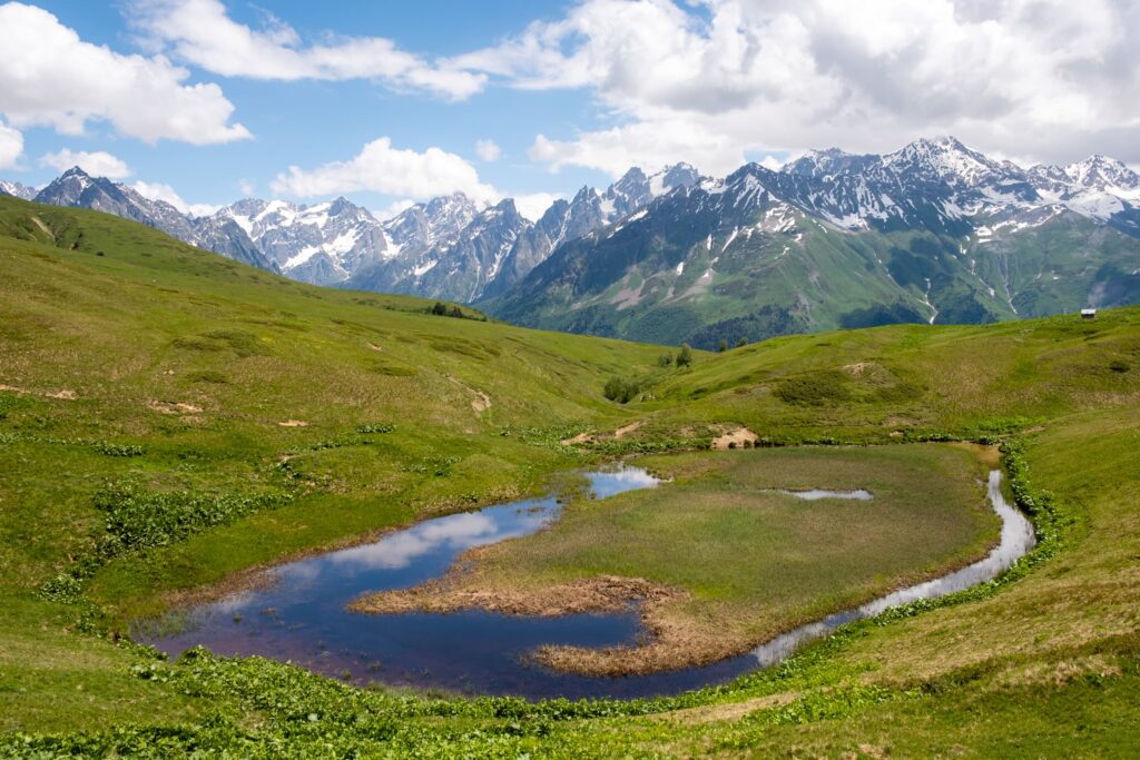 A small marshy lake in the bright sunny light with distant peaks in the back