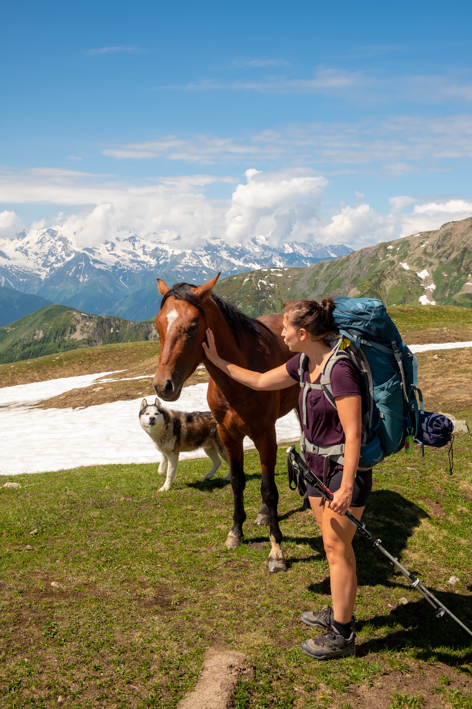 Caroline with wild horse and stray dog at Koruldi lakes