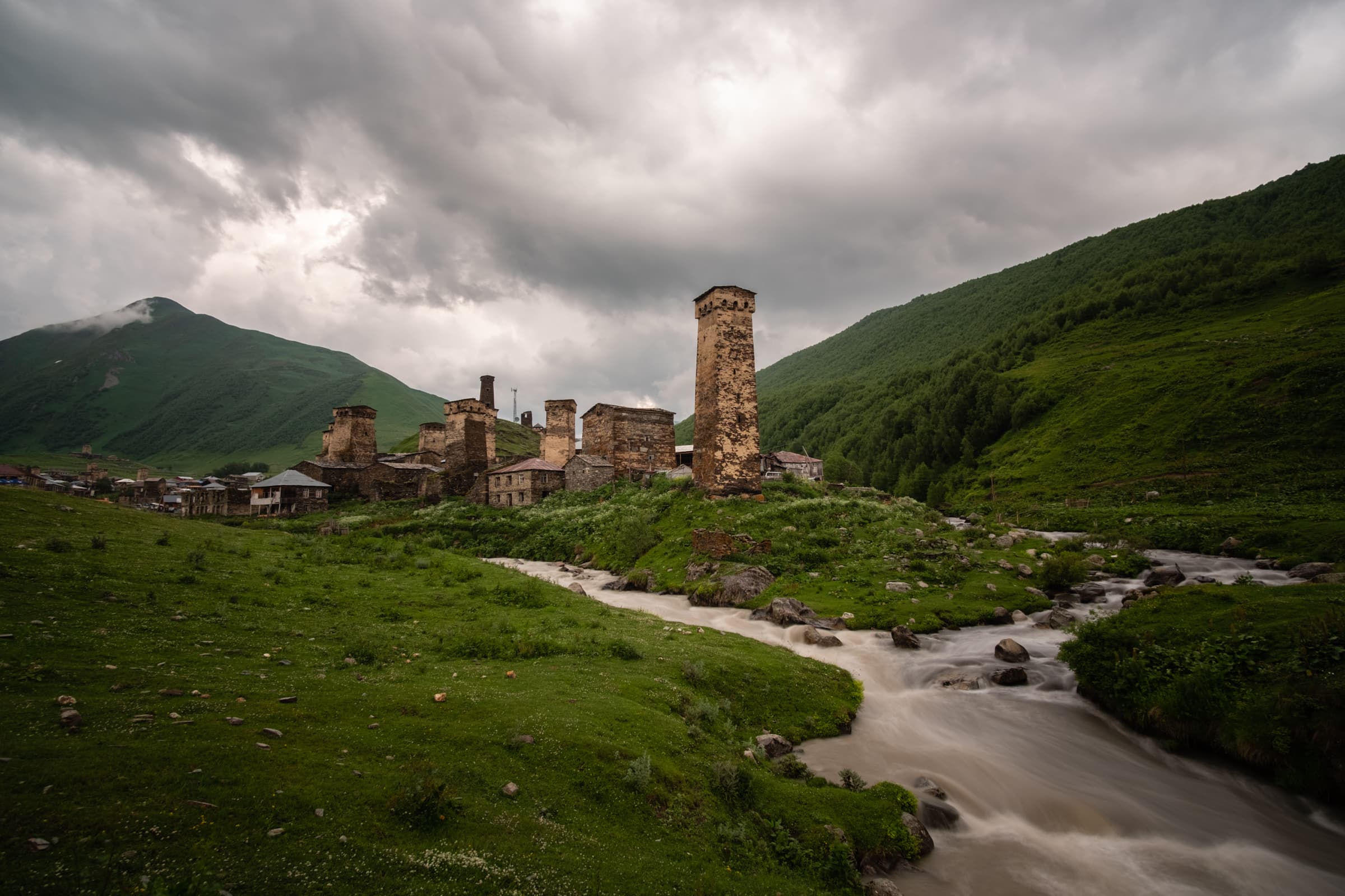 Long exposure at the conversion of two rivers below the settlement of Chazhashi in Ushguli