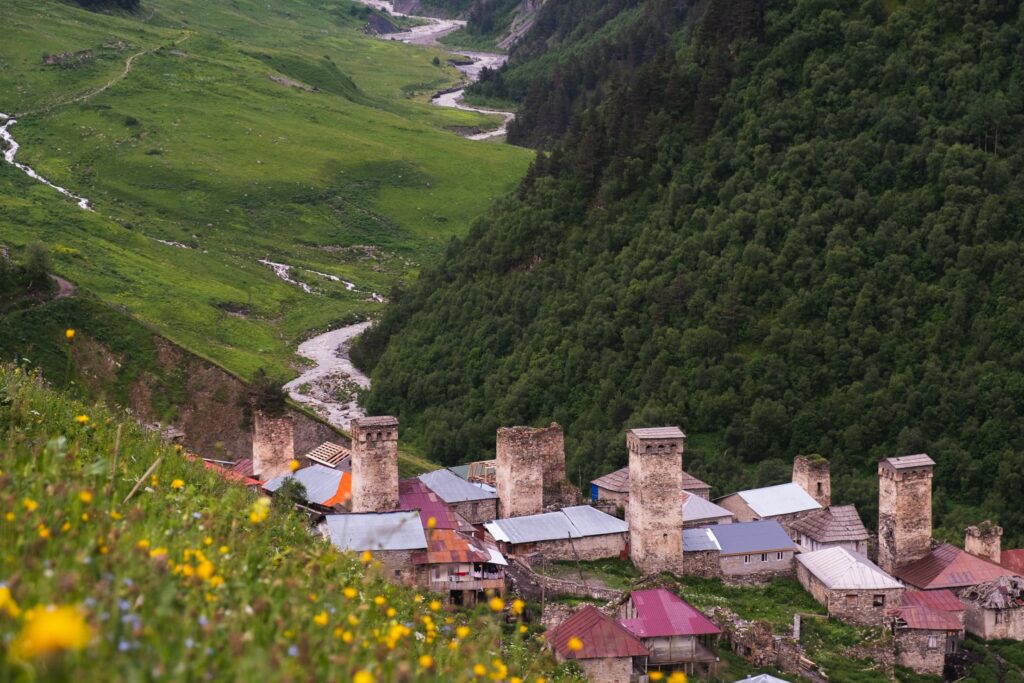 Closeup of Adishi revealing itself when descending into the valley, Svaneti