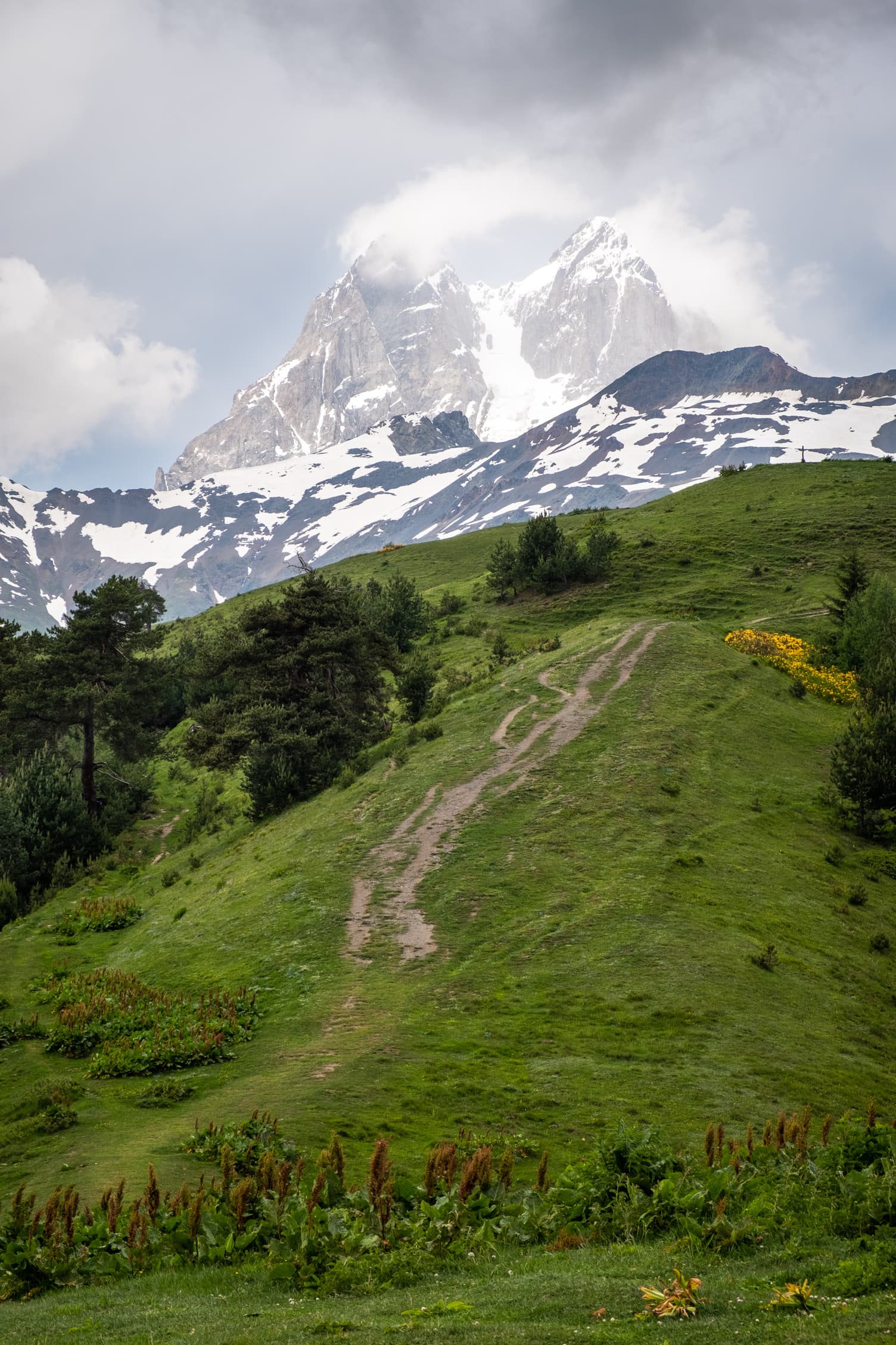 Looking up to a cloudy snowy mount Ushba