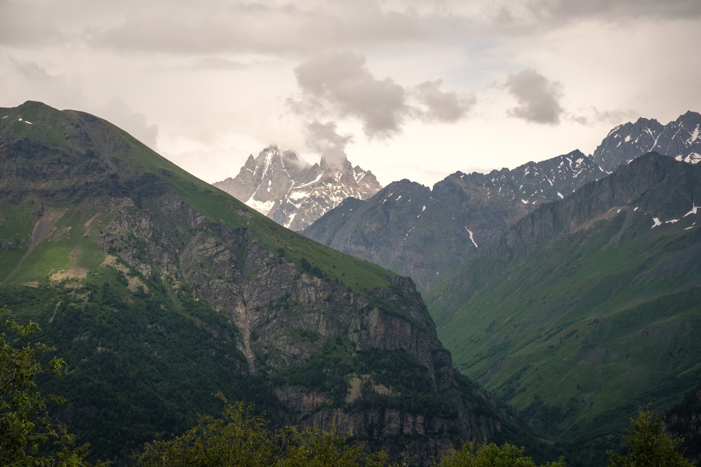 Jagged peaks and ridges during a moody storm from mount Tetnuldi