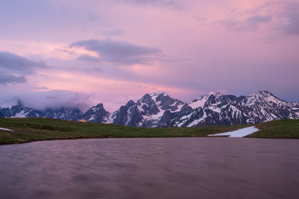 Long exposure of a windy lake just after sunset at Koruldi lakes