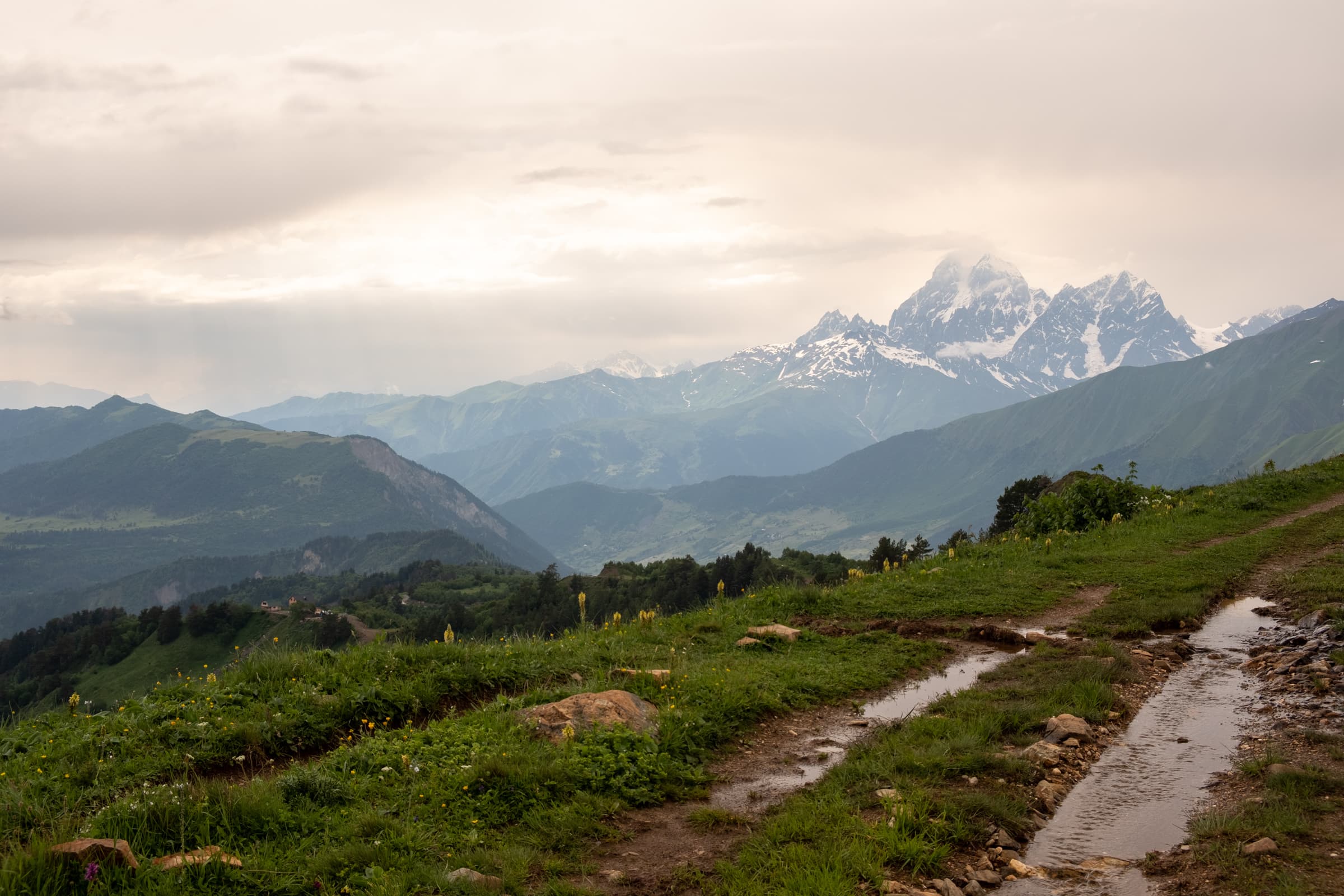 Mount Ushba from Tetnuldi on a wet day