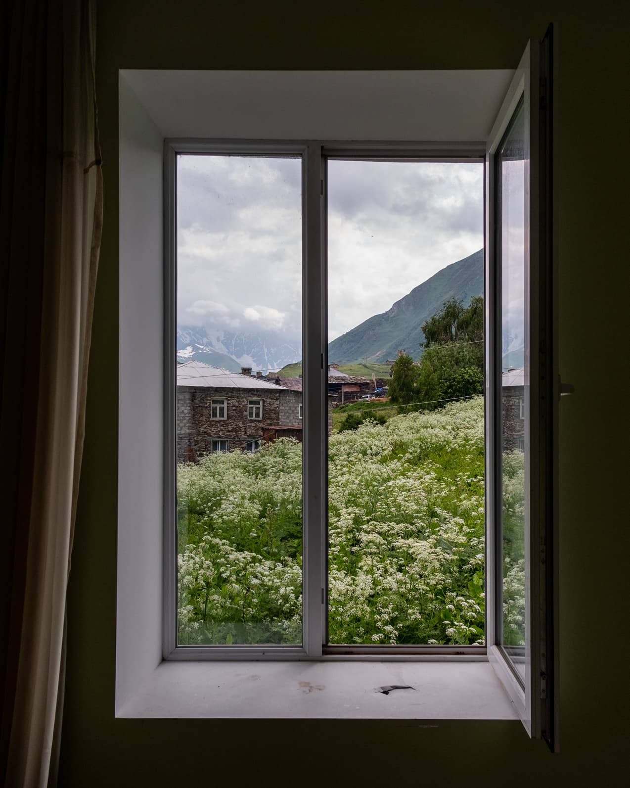 The view from our room at Caucasus Guesthouse in Ushguli