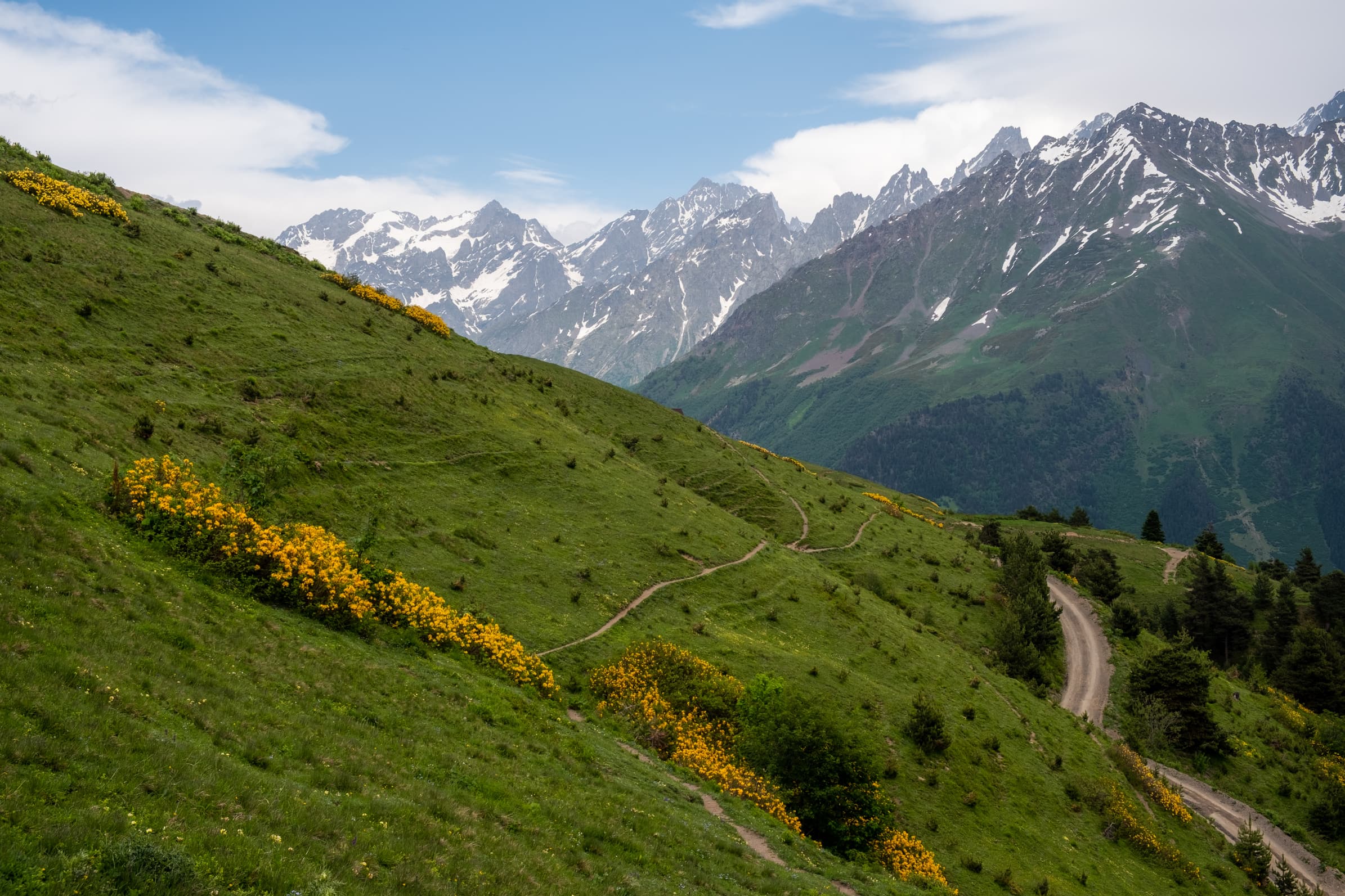 The road to Koruldi lakes twisting through green meadows with huge mountains behind