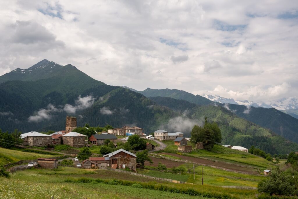 The tiny village of Tsvirmi and surrounding peaks after a heavy storm, Svaneti