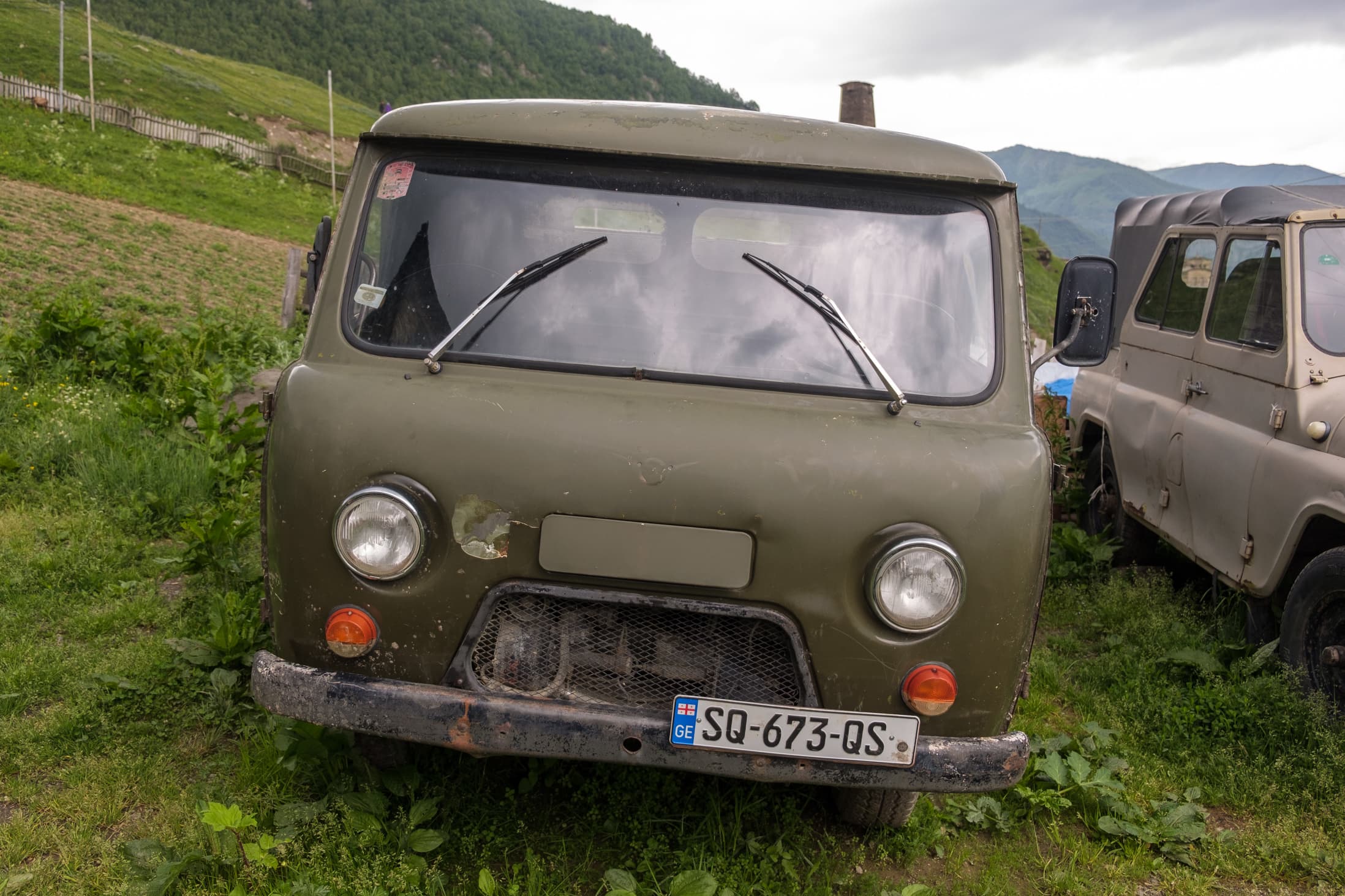 Old UAZ SGR van at Caucasus Guesthouse in Ushguli