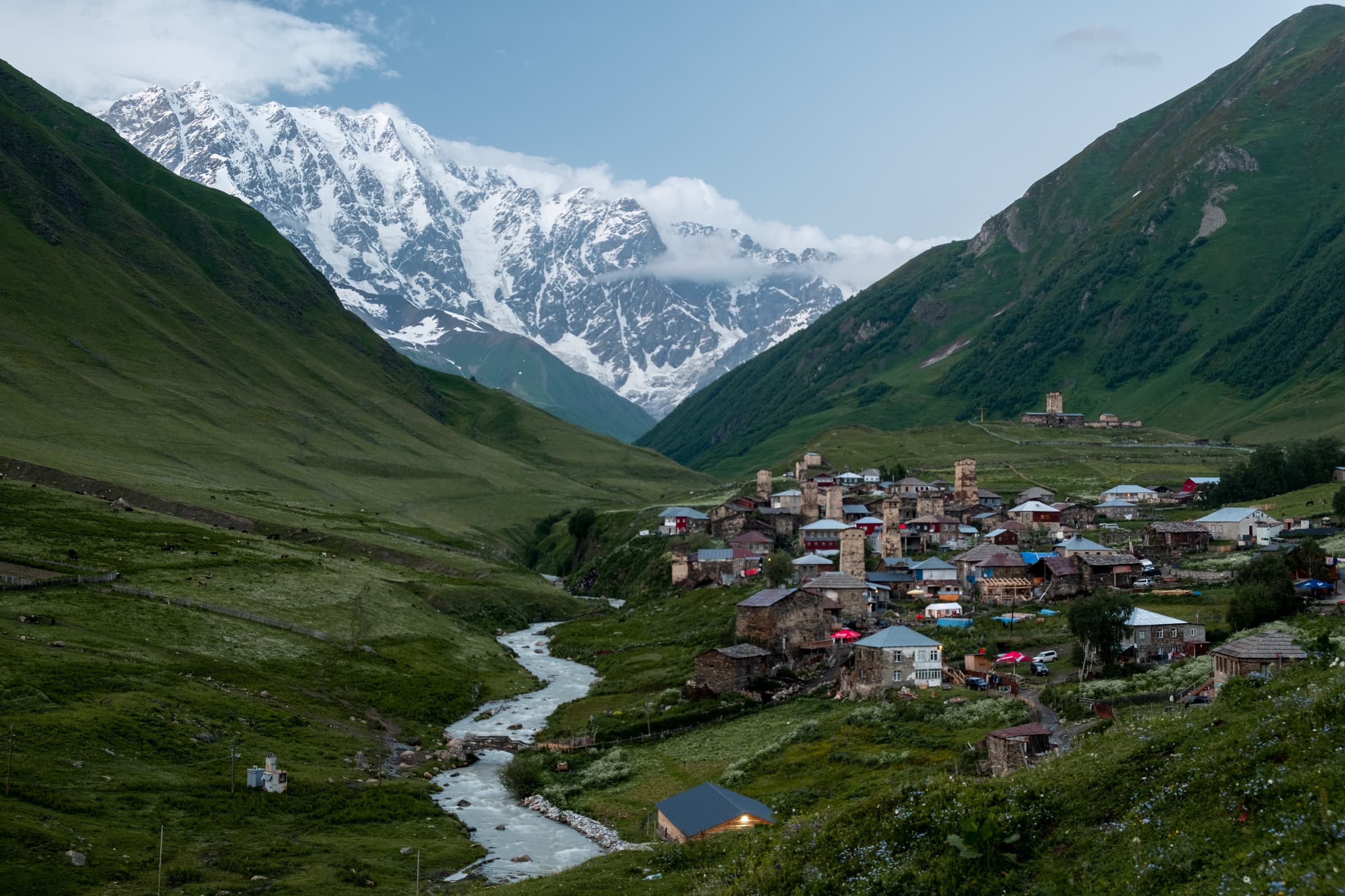 Ushguli and mount Shkhara covered in snow just after sunset, Svaneti, Georgia