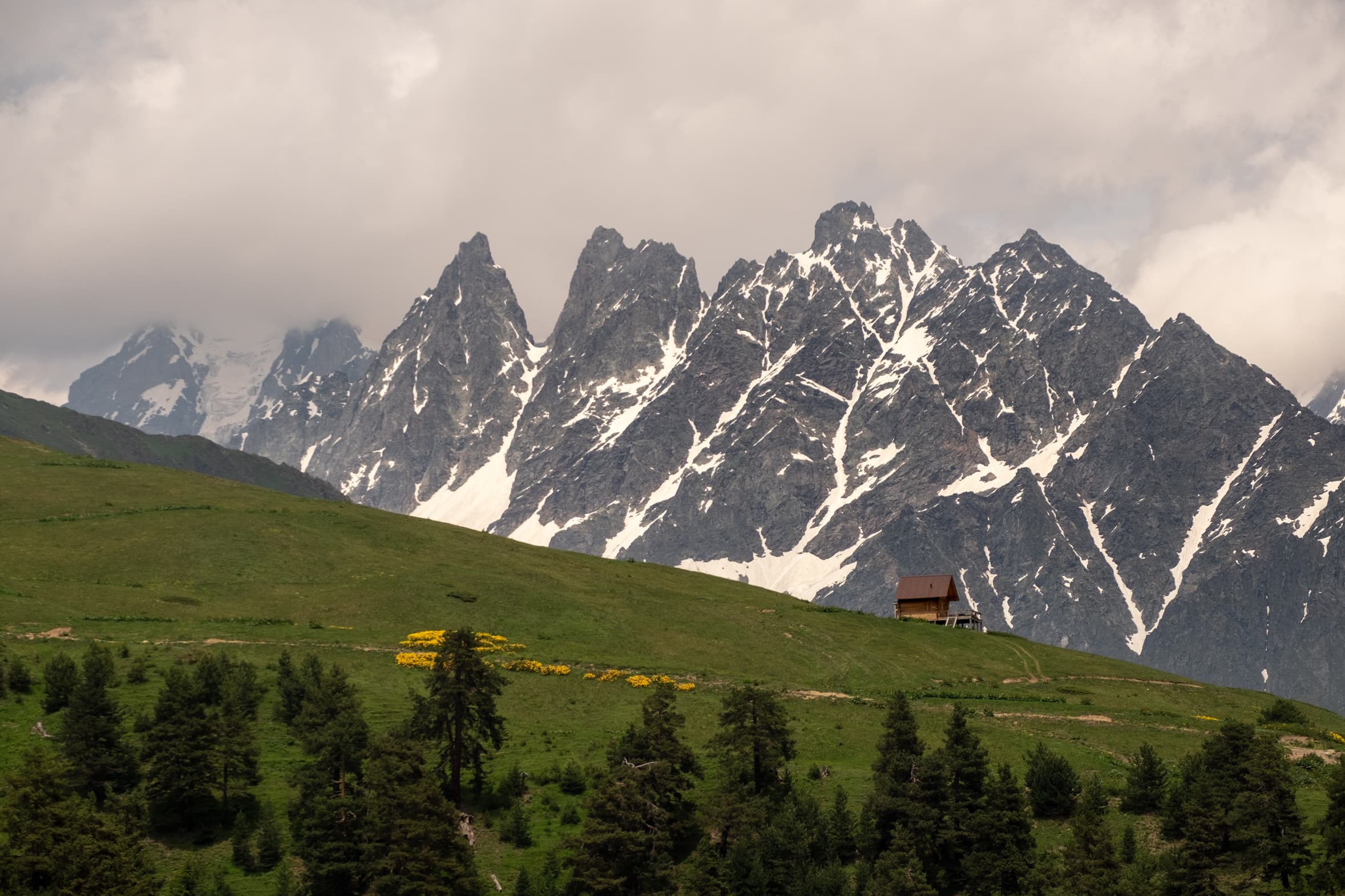 Wooden mountain hut on a green meadow with imposing steep jagged mountains behind