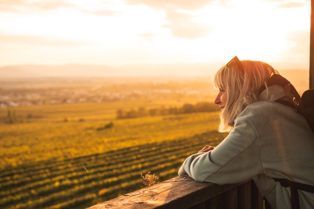 Caroline looking onto golden rows of vines from Engabrunn lookout tower at Feuersbrunn